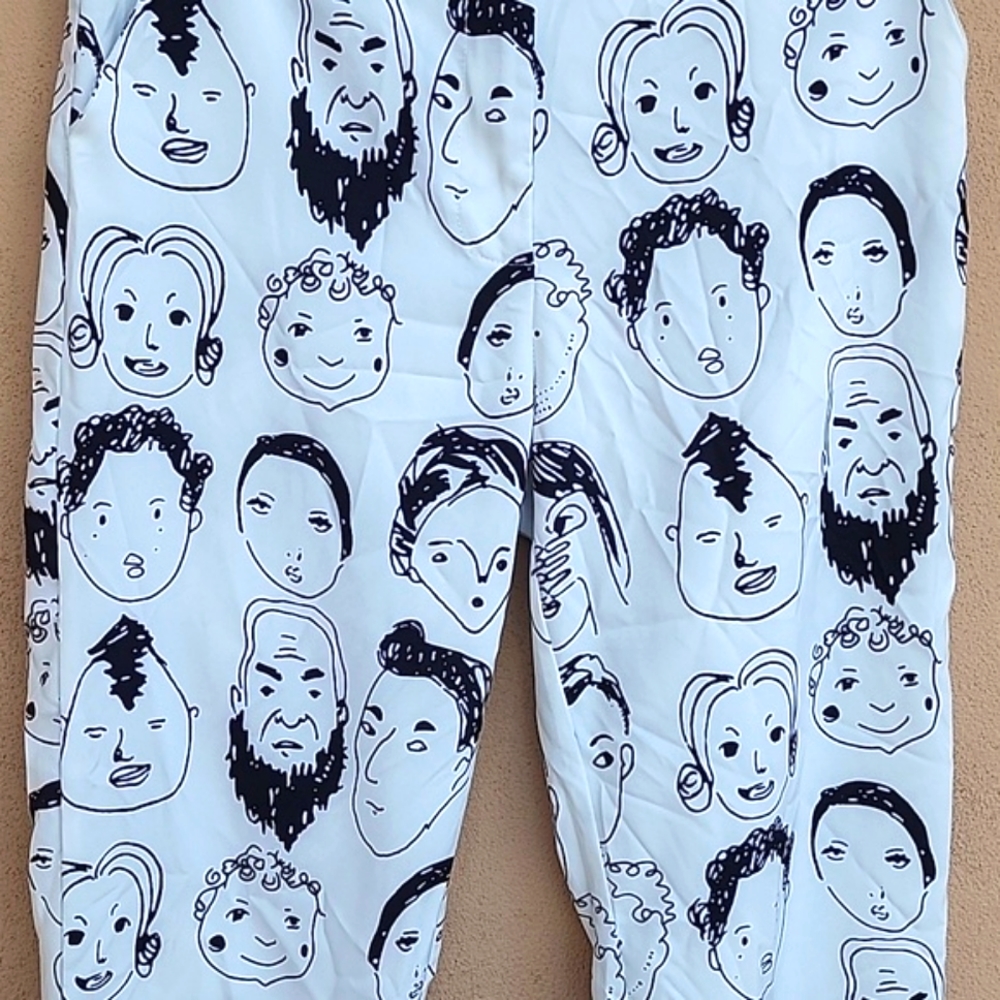 SHEKOU Straight Leg Pants Small Artsy Graffiti Faces Doodle Streetwear Punk Rave - Picture 4 of 10